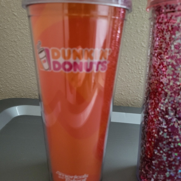 RARE dunkin tumblers set of 2 orange AGT and pink Valentines with heart straw - Picture 2 of 3